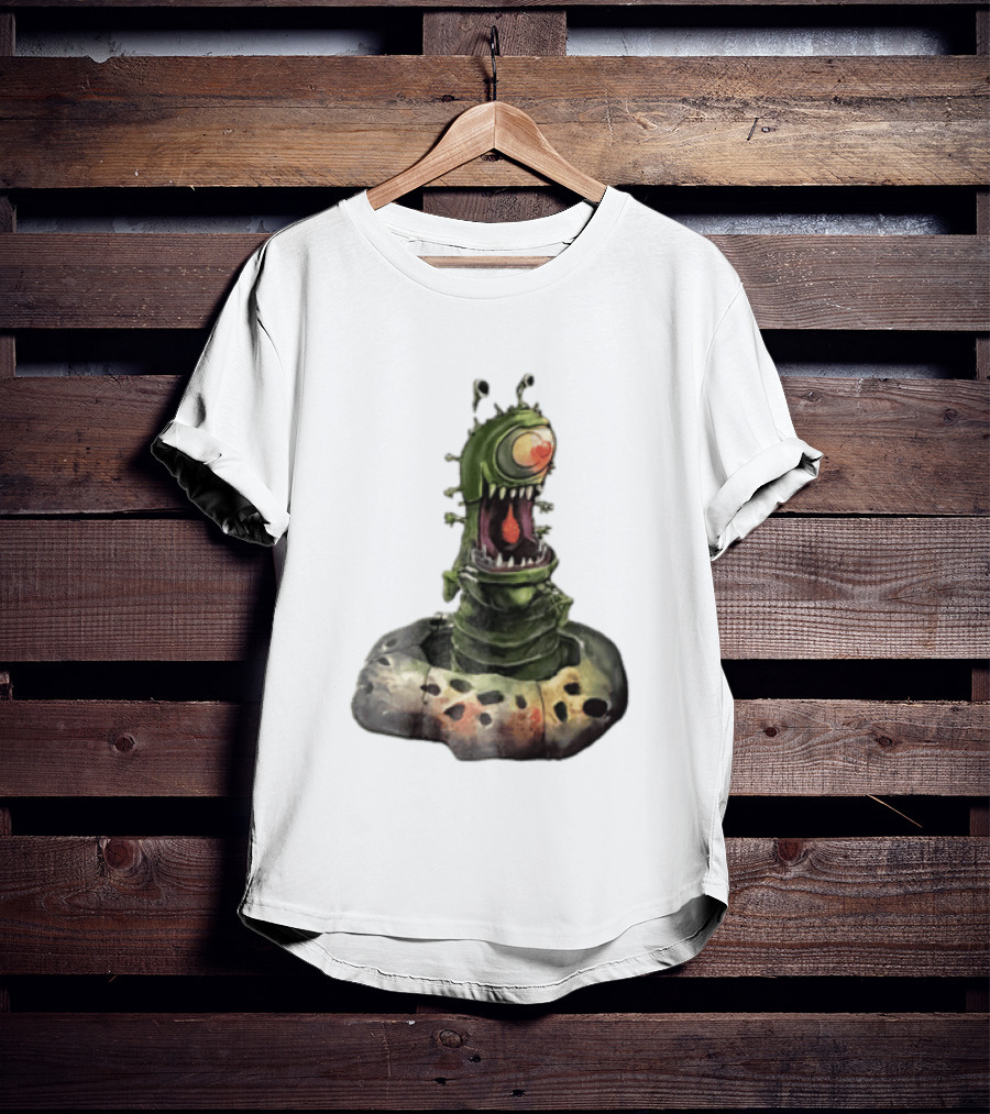 Cartoon Monstrous One Eyed Green Creature Emerging From Ground Hole T-Shirt