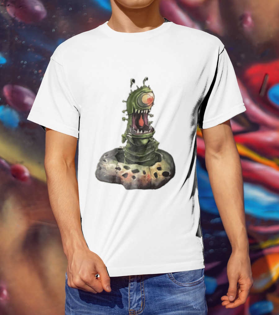 Cartoon Monstrous One Eyed Green Creature Emerging From Ground Hole T-Shirt