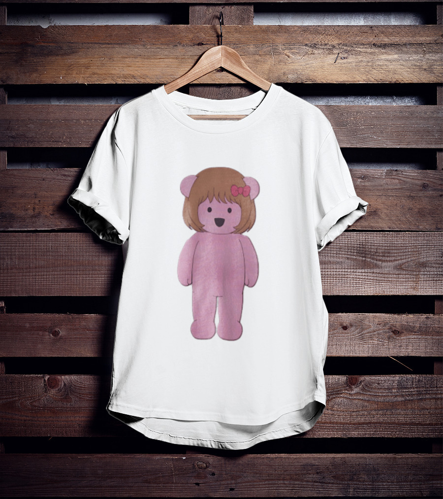 Cartoon Pink Bear With Brown Bob Haircut And Red Ribbon Bow T-Shirt