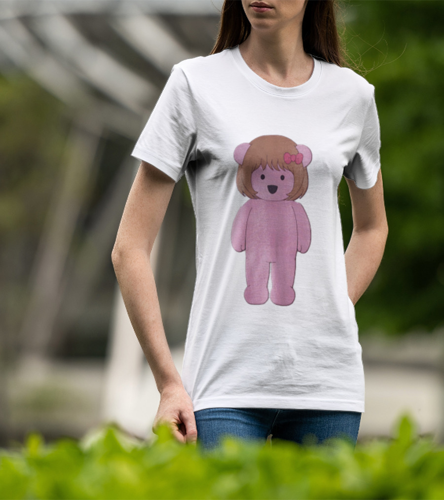 Cartoon Pink Bear With Brown Bob Haircut And Red Ribbon Bow T-Shirt
