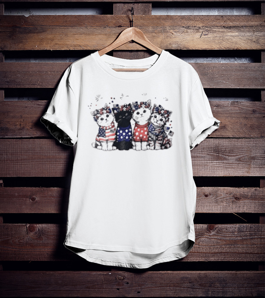 Four Patriotic Watercolor Kittens Fireworks Celebration Red White Blue T-Shirt