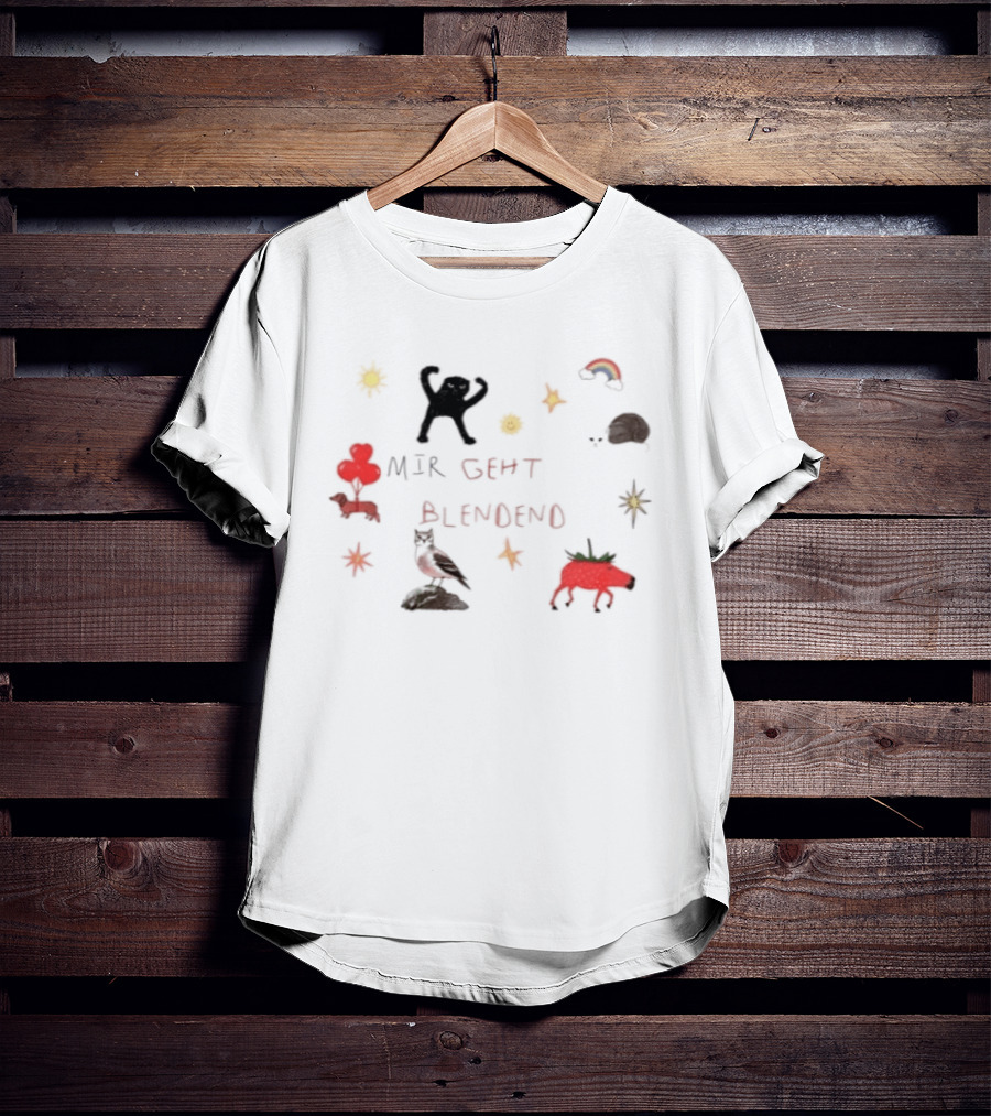 Mir Geht Es Blendend Cat Snail Strawberry Pig With Rainbow And Sun Doodles T-Shirt