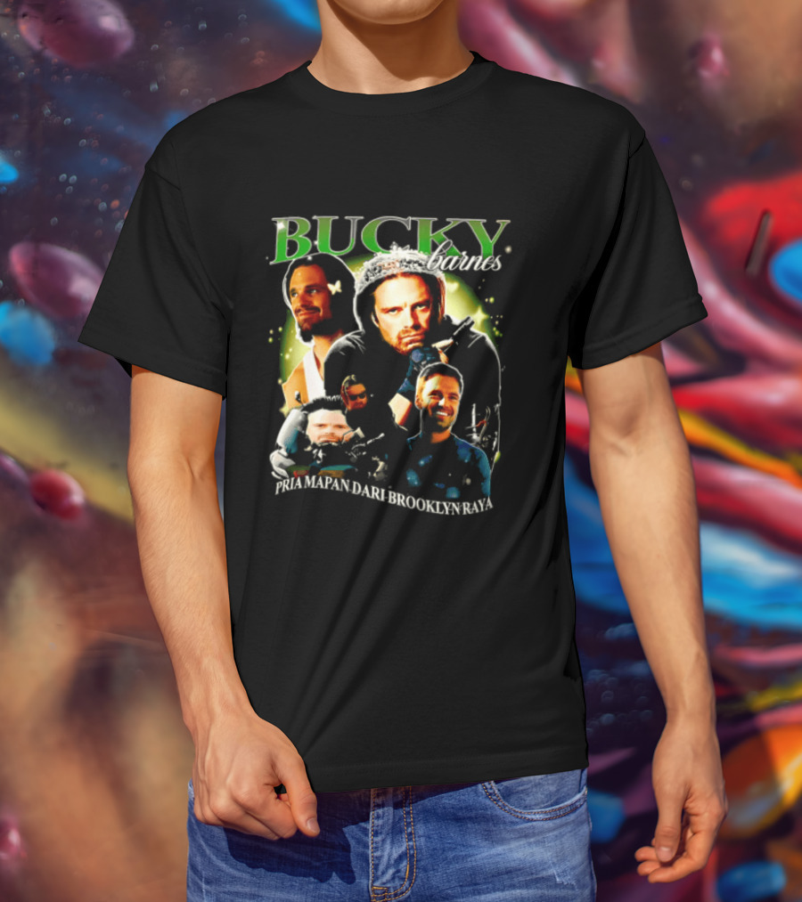 Bucky Barnes Sebastian Stan Pria Mapan Dari Brooklyn Raya Multiple Photos Crown Marvel T-Shirt