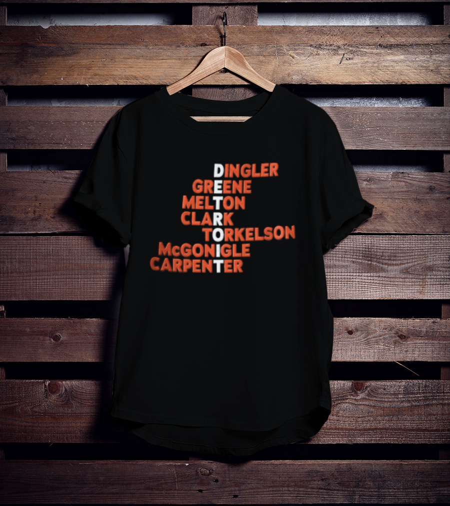 Detroit Tigers Dingler Greene Melton Clark Spencer Torkelson Mcgonigle Carpenter Names Vertical Arrangement T-Shirt