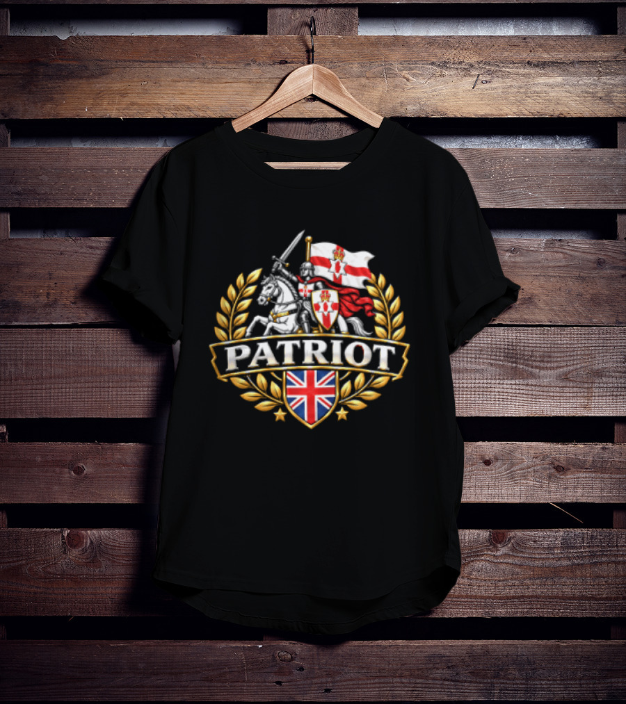Patriot Knight Riding With Northern Ireland Flag And Union Jack Crest T-Shirt