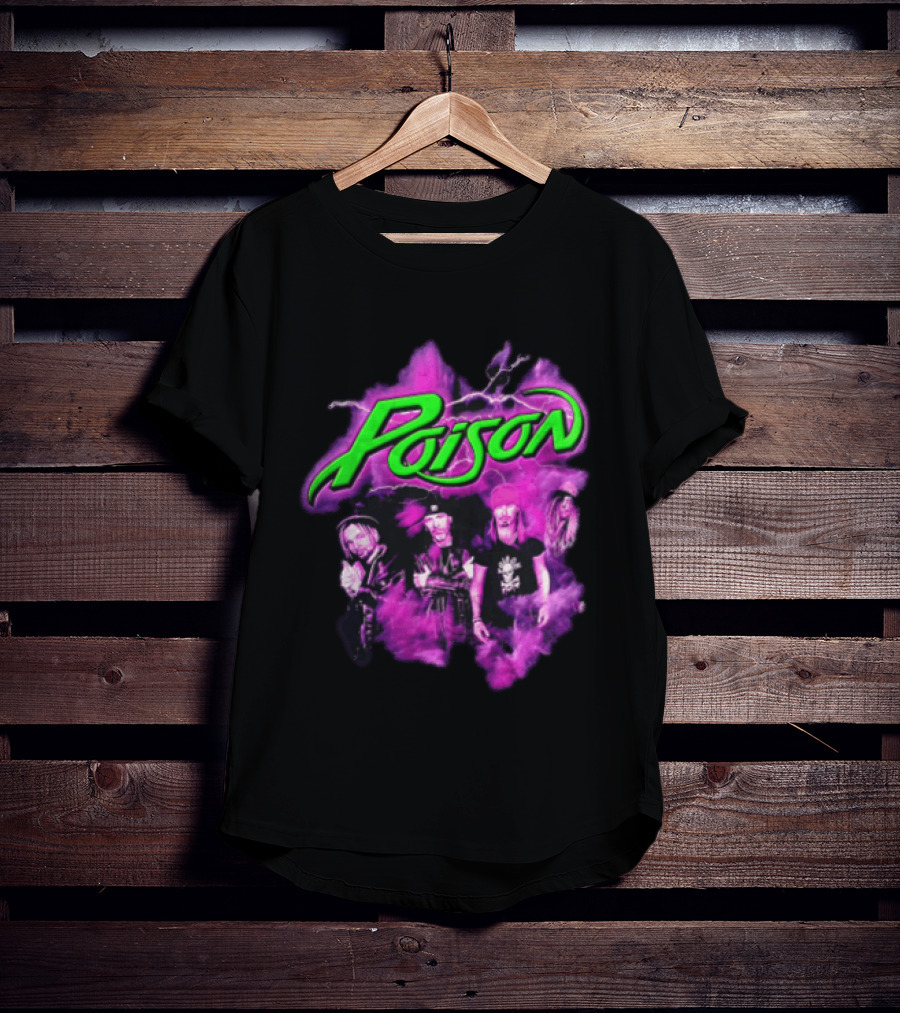 Poison Band Members Graphic With Neon Green Logo And Purple Aura T-Shirt