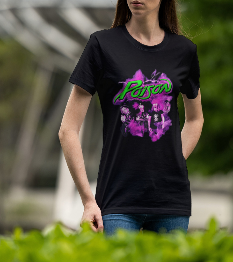 Poison Band Members Graphic With Neon Green Logo And Purple Aura T-Shirt
