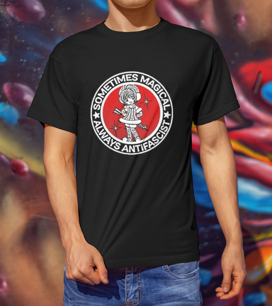 Sometimes Magical Always Antifascist With Starry Cartoon Character In Red Circle T-Shirt