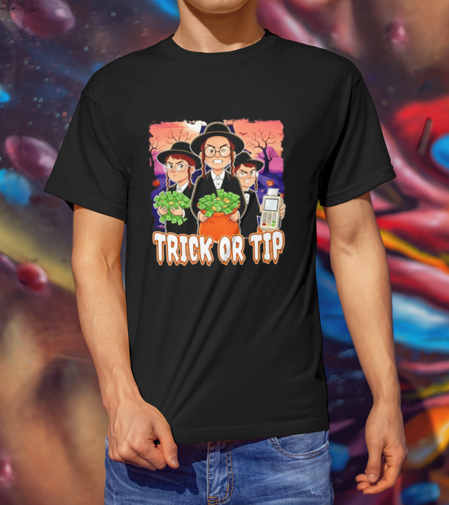 Trick Or Tip Halloween Money Bag Cartoon Characters Holding Cash And Payment Terminal T-Shirt