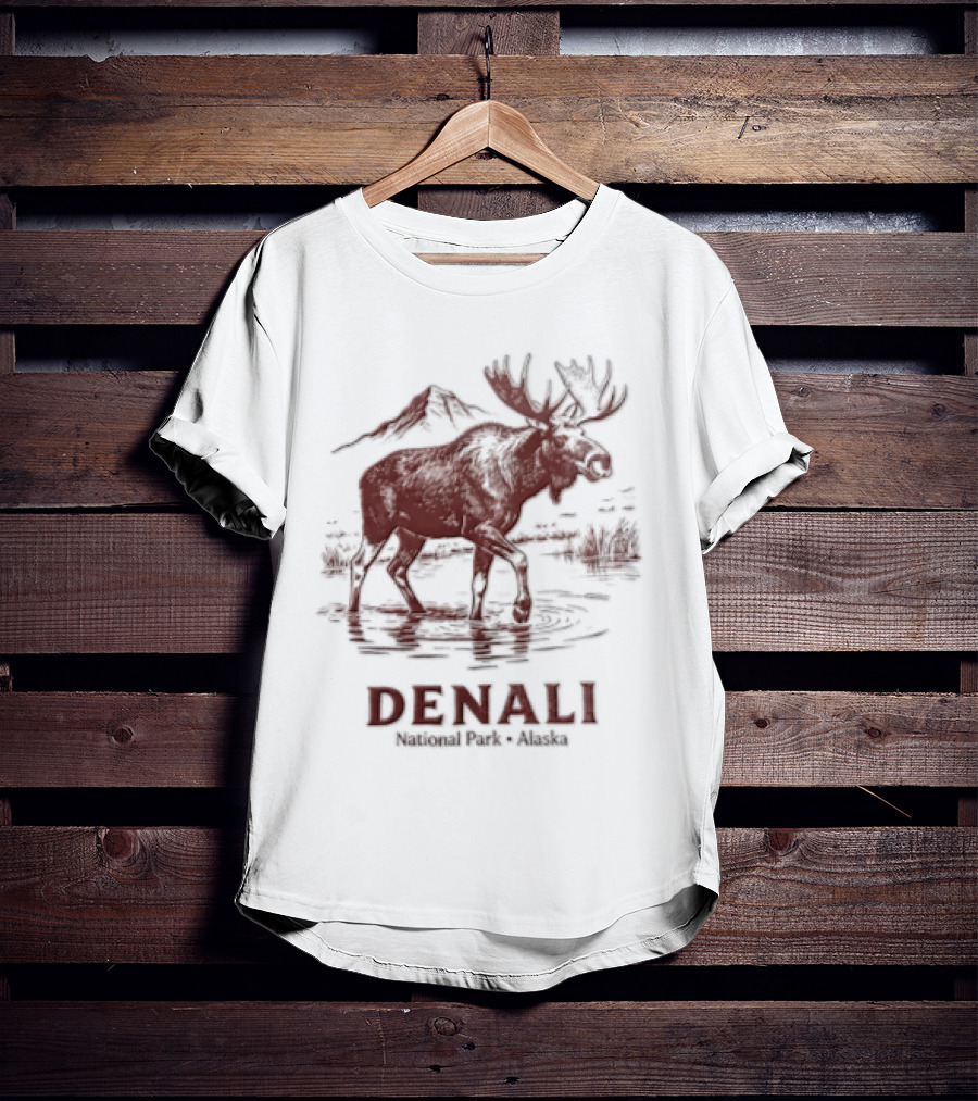 Denali Moose Walking In Water Near Mountain Scenery T-Shirt