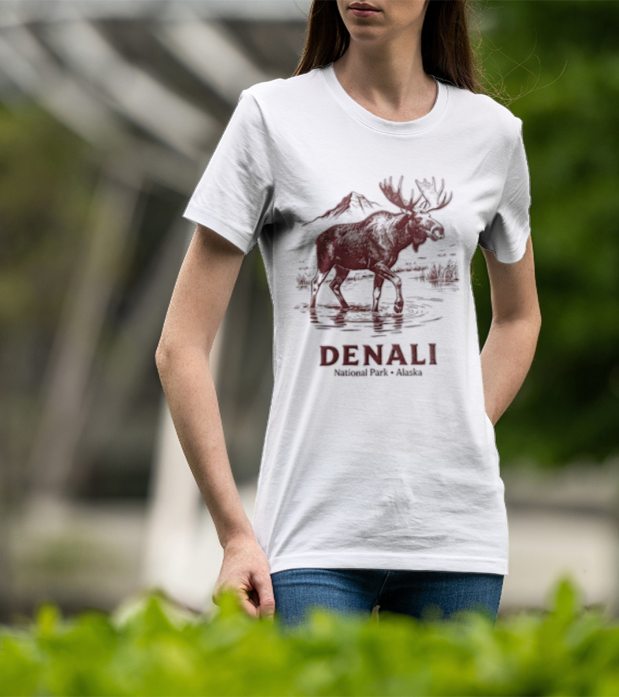 Denali Moose Walking In Water Near Mountain Scenery T-Shirt