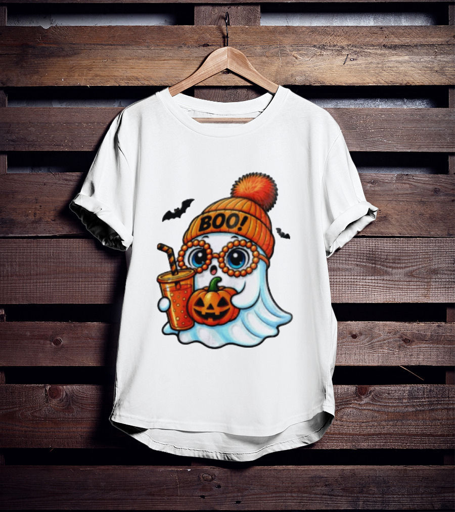 BOO Halloween Ghost With Pumpkin And Drink Spooky Fall Vibes T-Shirt