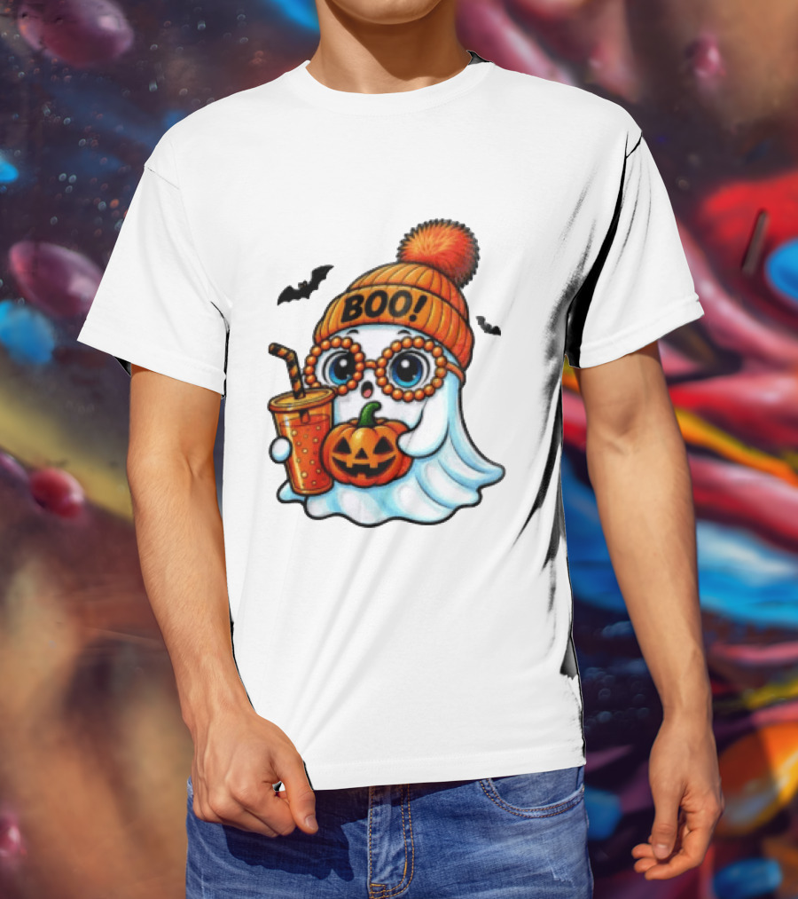 BOO Halloween Ghost With Pumpkin And Drink Spooky Fall Vibes T-Shirt