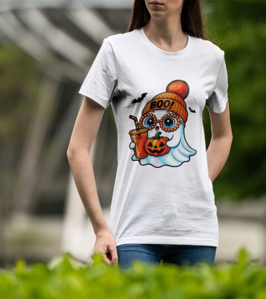 BOO Halloween Ghost With Pumpkin And Drink Spooky Fall Vibes T-Shirt