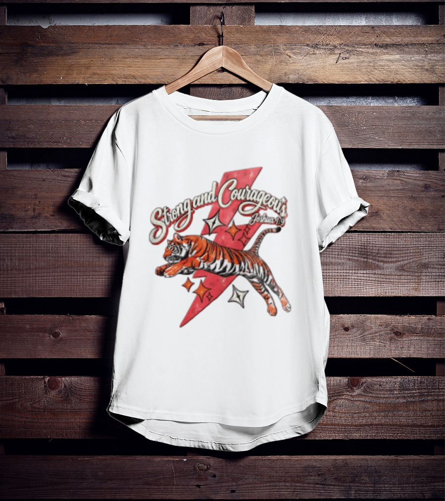 Strong And Courageous Joshua 1 9 Leaping Tiger Pink Lightning Bolt Stars T-Shirt