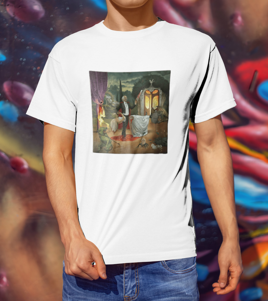 Surreal Gothic Man With Candle And Floating Figures Mysterious Enchantment T-Shirt