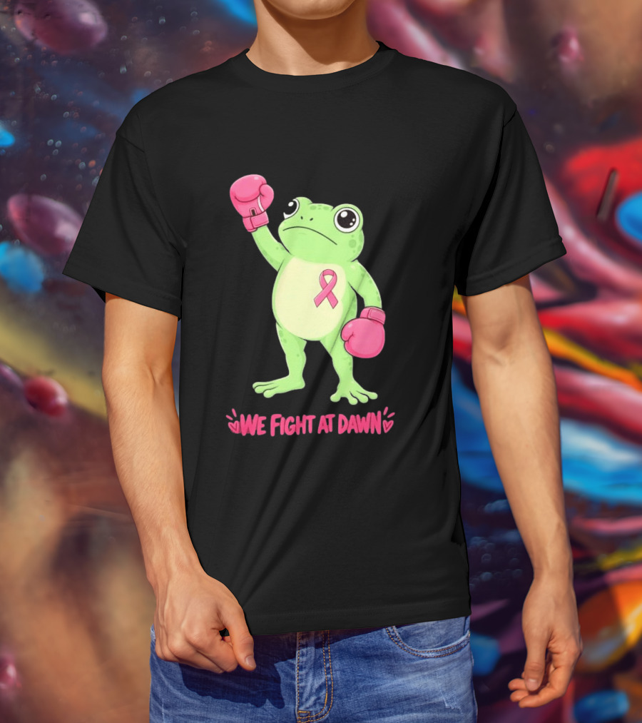 Boxing Frog We Fight At Dawn Breast Cancer Awareness Pink Gloves Ribbon T-Shirt