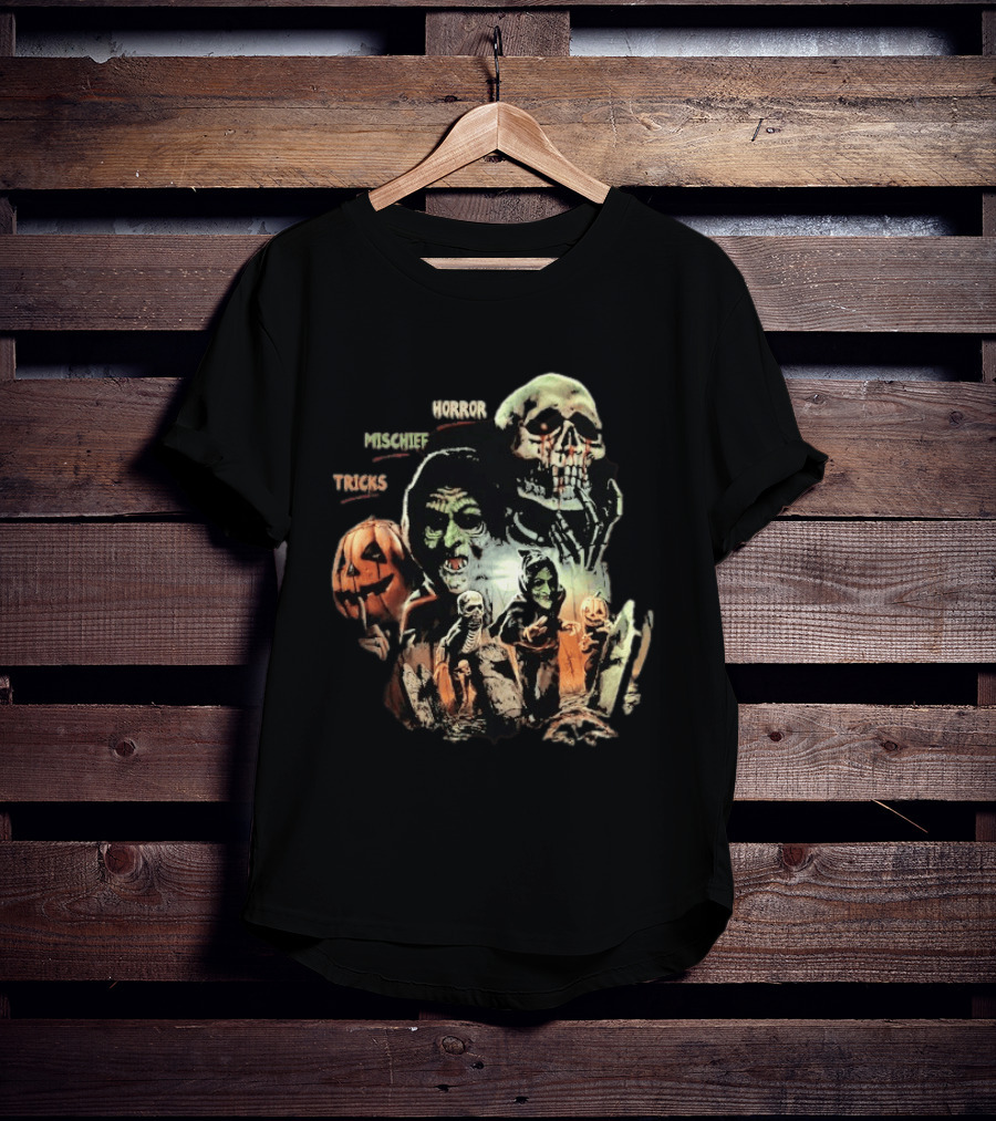 Halloween Horror Mischief Tricks Spooky Trio Skeletons And Jack O' Lanterns T-Shirt