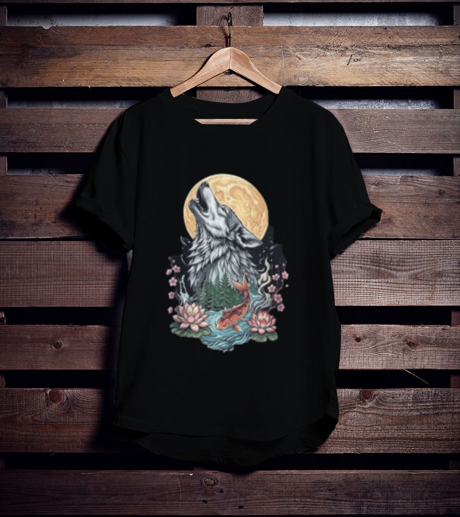 Howling Wolf Full Moon Koi Lotus Blossoms T-Shirt