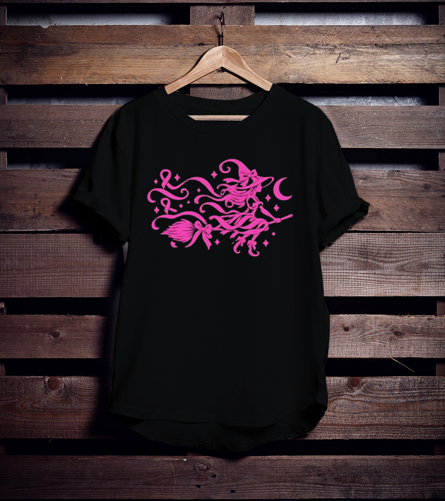 Pink Witch Riding Broom With Breast Cancer Awareness Ribbon T-Shirt