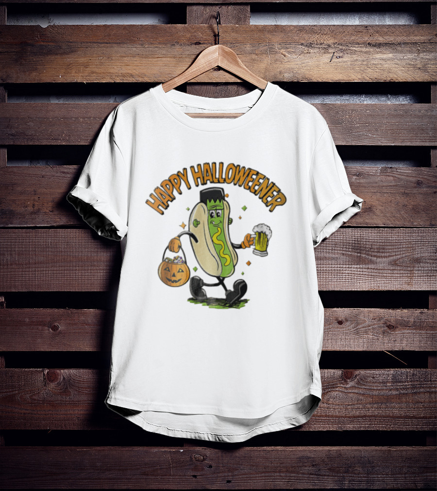 Happy Halloweener Frankenstein Hot Dog With Beer And Pumpkin Bucket T-Shirt