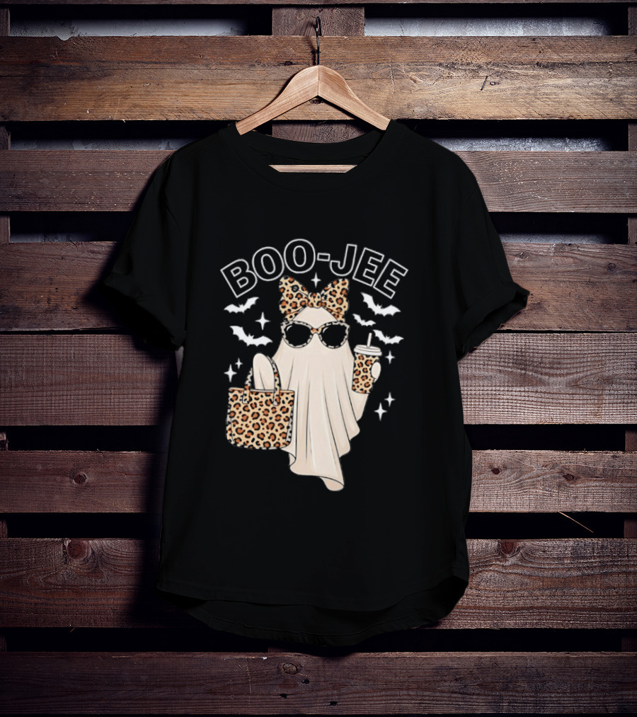 Boo Jee Stylish Ghost With Leopard Print Accessories And Bats T-Shirt