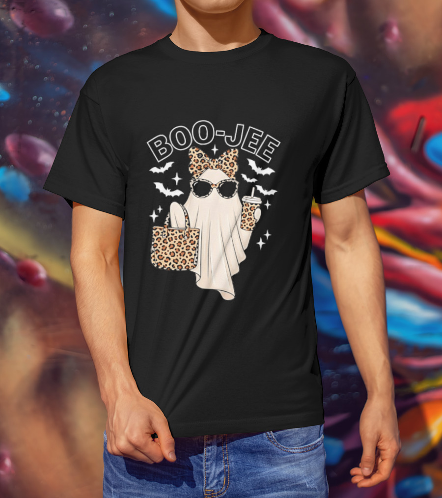 Boo Jee Stylish Ghost With Leopard Print Accessories And Bats T-Shirt