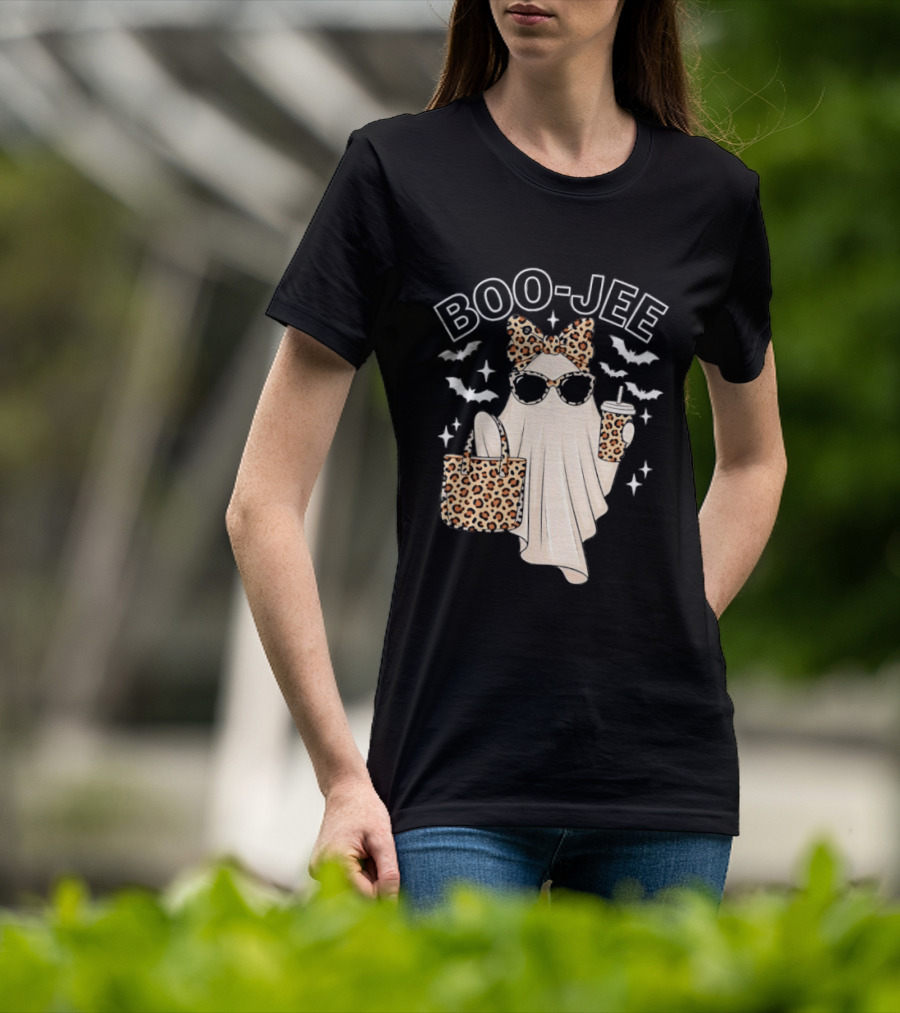 Boo Jee Stylish Ghost With Leopard Print Accessories And Bats T-Shirt