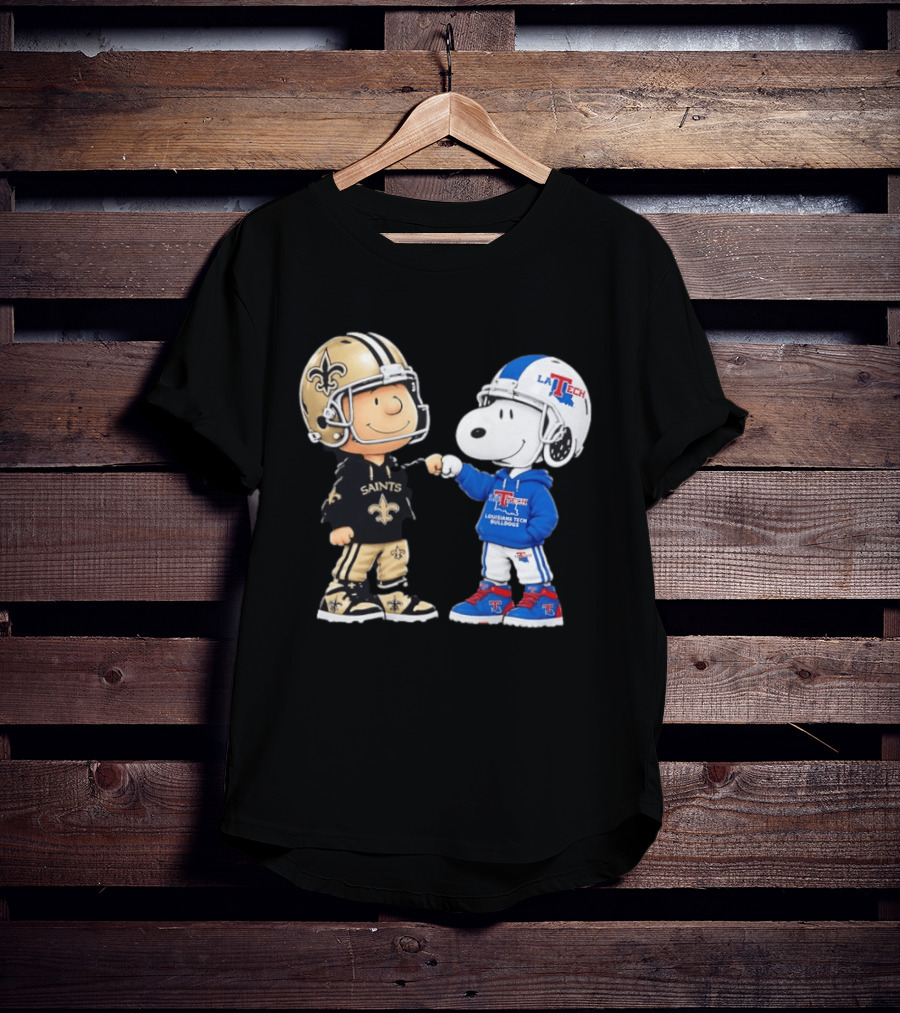 Charlie Brown Saints And Snoopy Louisiana Tech Bulldogs Team Helmet Fist Bump T-Shirt