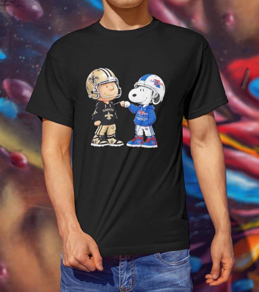 Charlie Brown Saints And Snoopy Louisiana Tech Bulldogs Team Helmet Fist Bump T-Shirt
