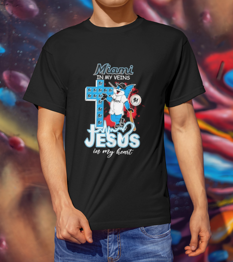 Miami Marlins In My Veins Jesus In My Heart Cross Baseball T-Shirt