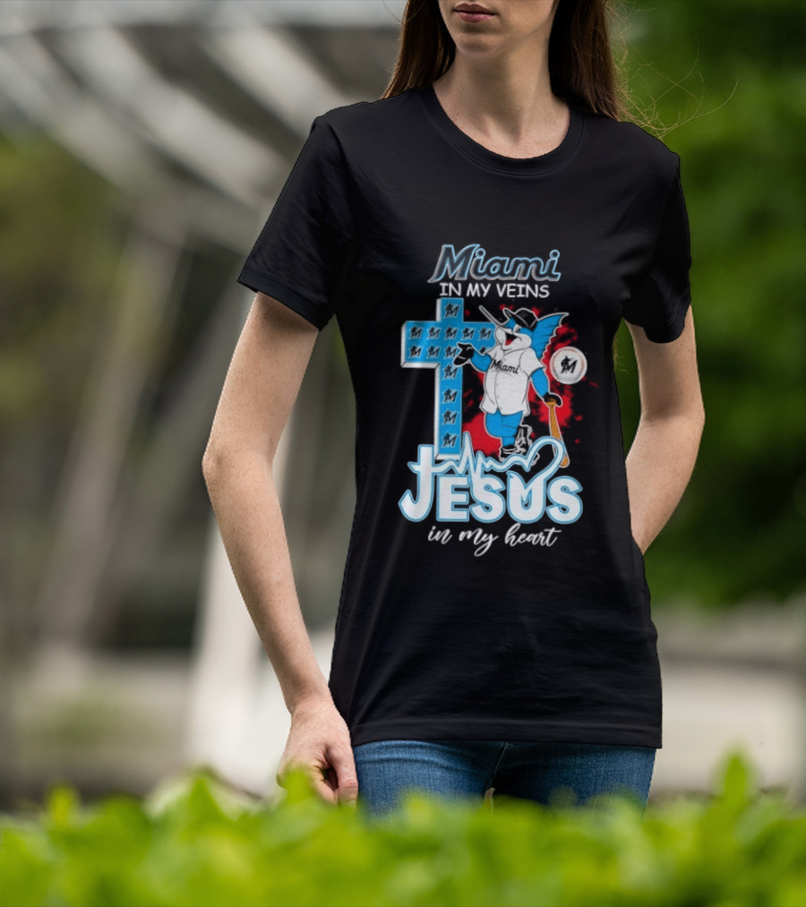 Miami Marlins In My Veins Jesus In My Heart Cross Baseball T-Shirt