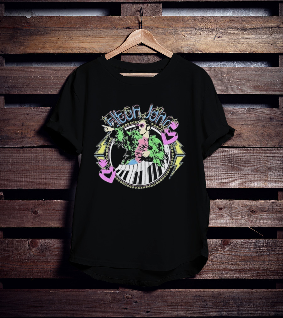 Elton John Distressed Colorful Piano And Hearts T-Shirt