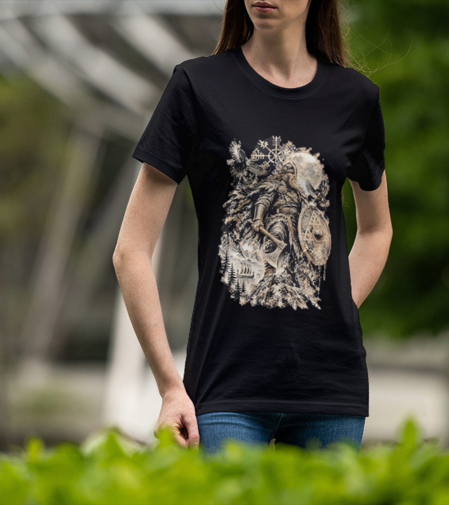 Norse God Viking Warrior Axe Valknut Symbol Raven Longship T-Shirt
