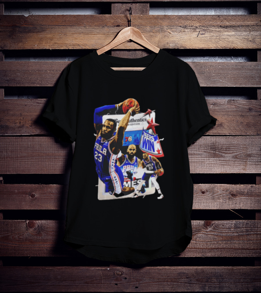 Philadelphia 76ers Lebron James Dunking Collage 76ers Win Edition T-Shirt