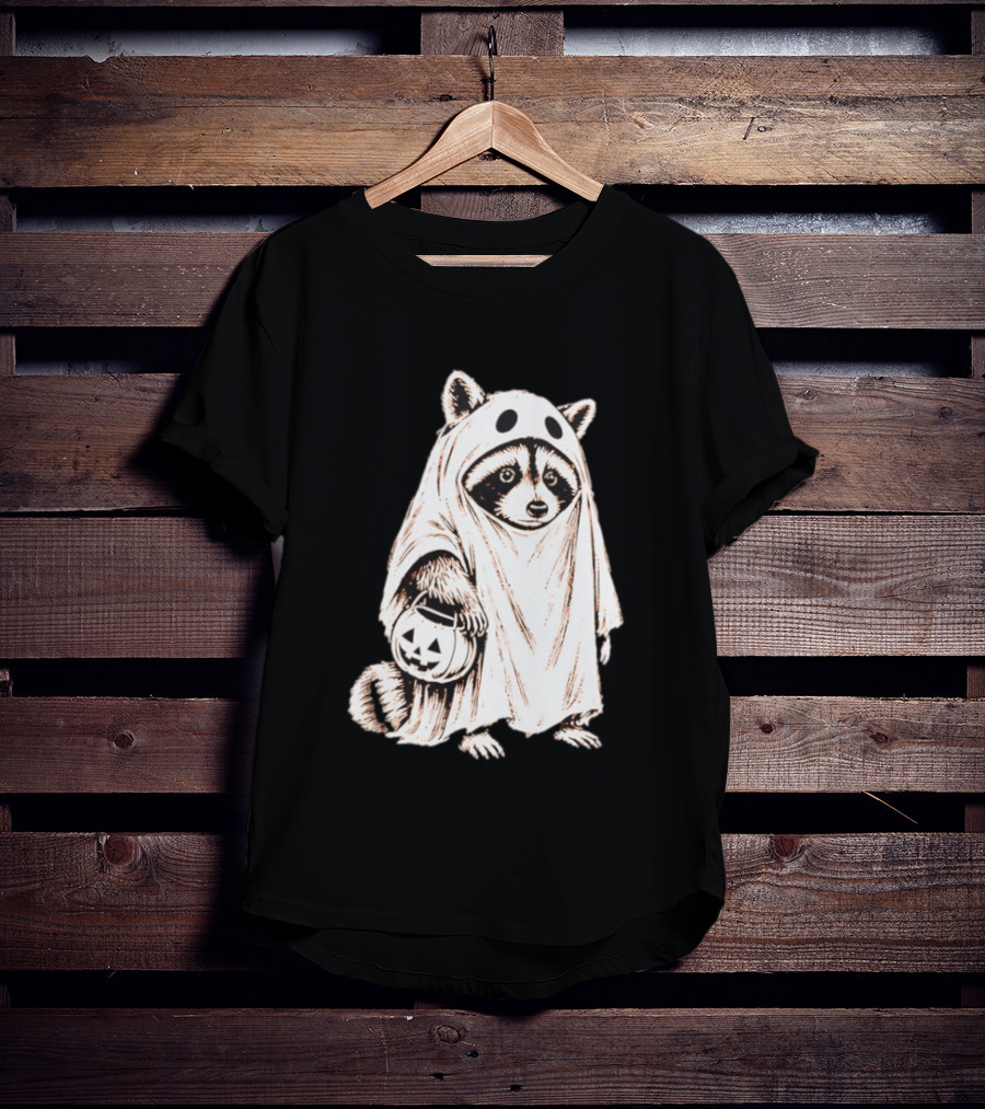 Raccoon Ghost Holding Pumpkin Bucket Halloween 2026 T-Shirt