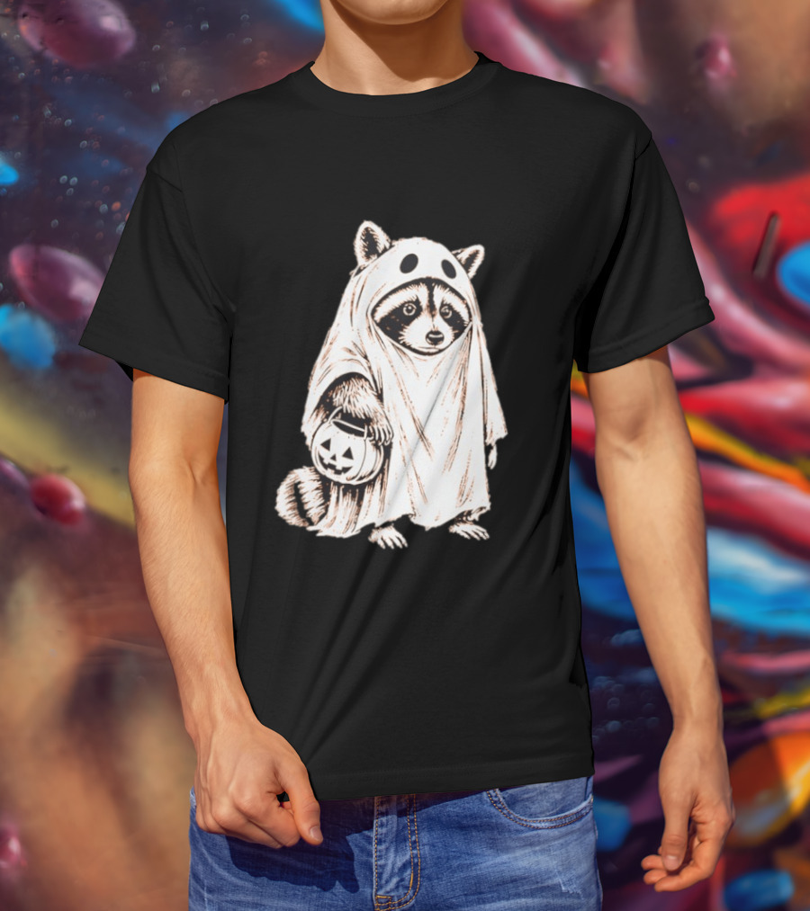 Raccoon Ghost Holding Pumpkin Bucket Halloween 2026 T-Shirt