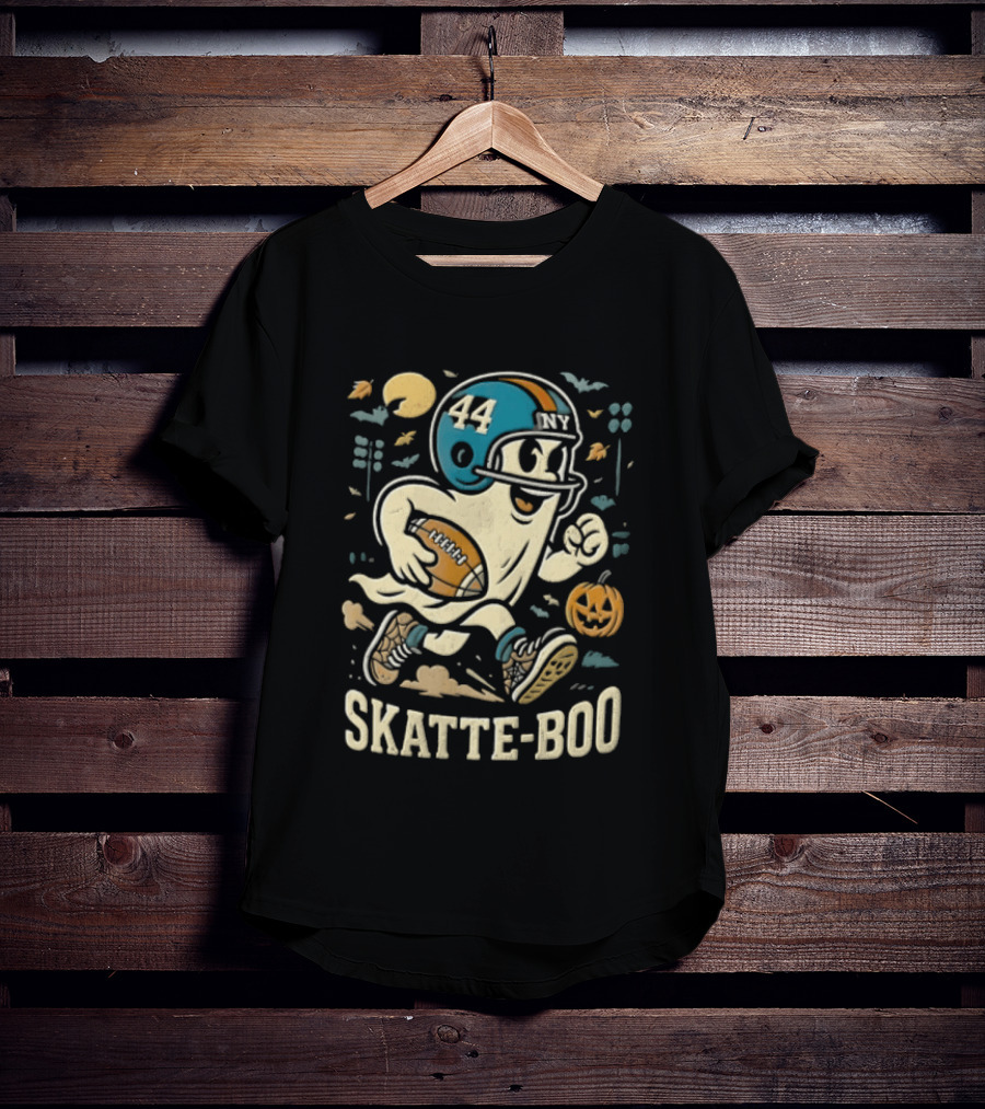 SKATTE BOO Football Helmet 44 Halloween Ghost Pumpkin T-Shirt