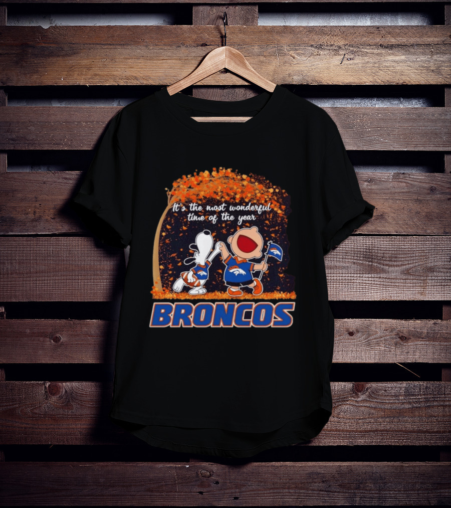 Snoopy And Charlie Brown Celebrating Denver Broncos It's The Most Wonderful Time Of The Year T-Shirt