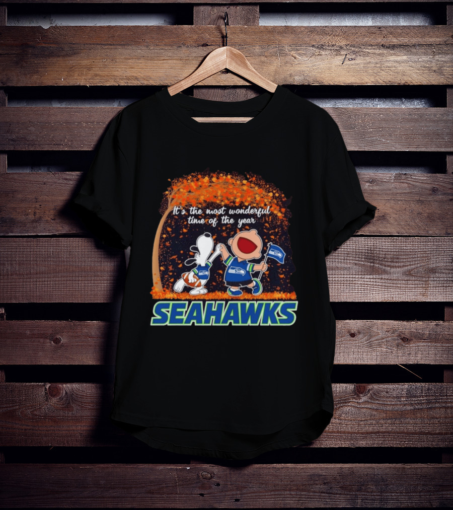 Snoopy And Charlie Brown Dancing Seattle Seahawks The Most Wonderful Time Of The Year T-Shirt