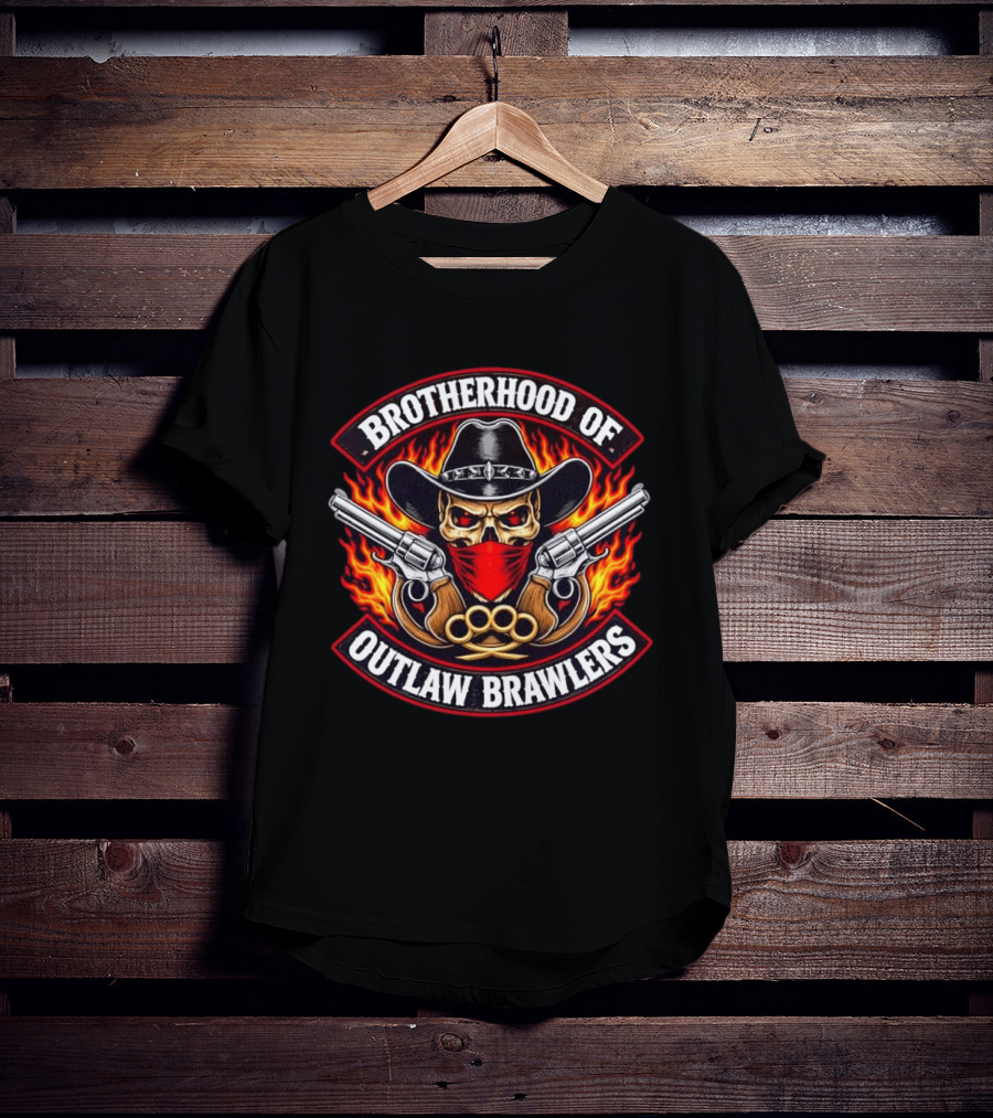 Brotherhood Of Outlaw Brawlers Skull Cowboy With Guns And Brass Knuckles Fiery Badass Wild West T-Shirt