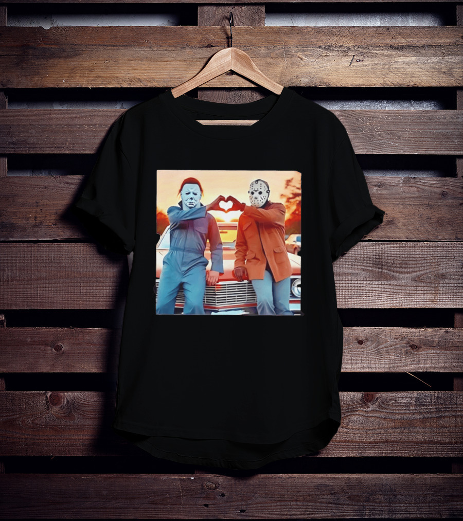 Jason Voorhees Michael Myers Heart Sign Halloween Retro Car Sunset T-Shirt