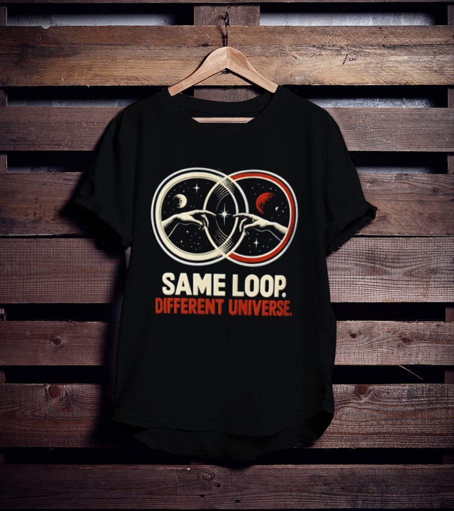 Same Loop Different Universe Intersecting Circles Two Hands Touching Lunar And Starry Night T-Shirt