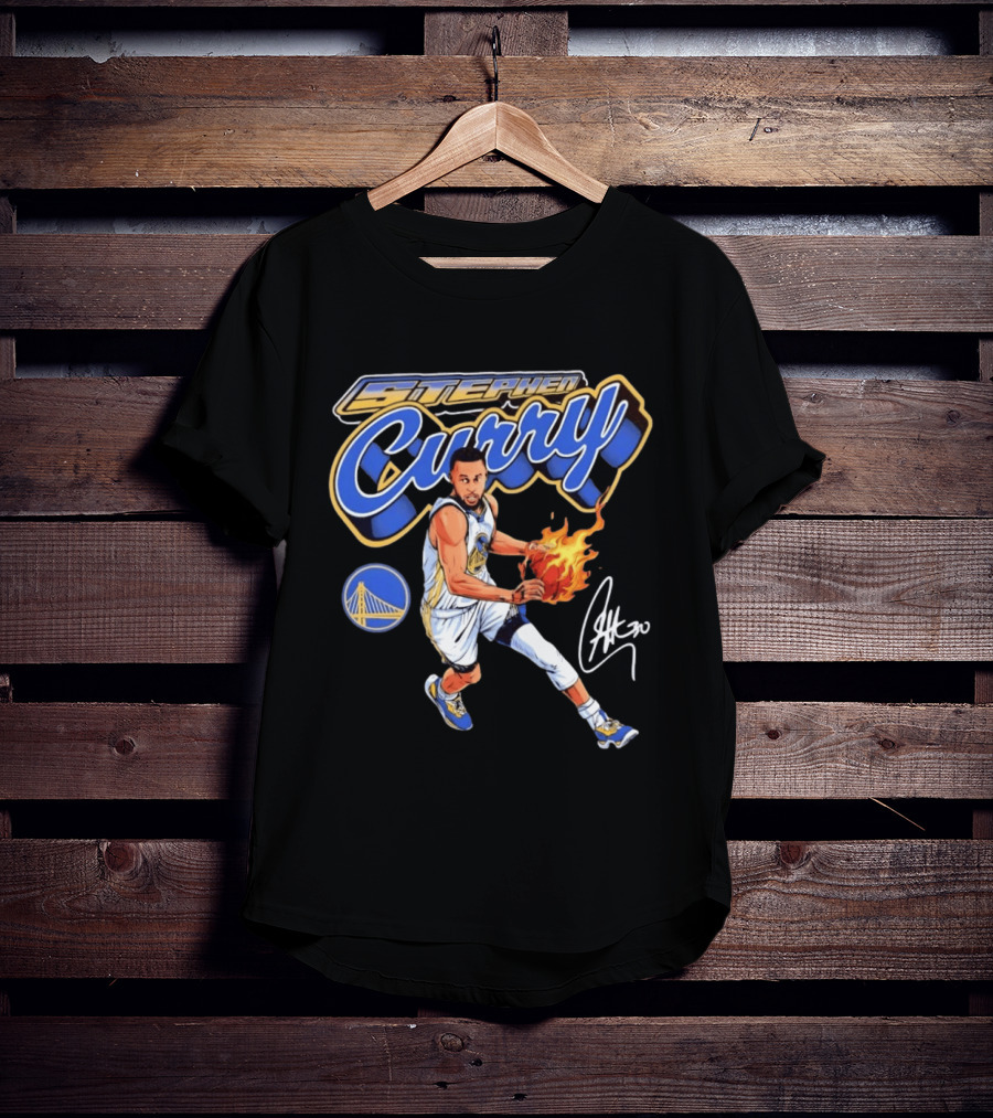 Stephen Curry Golden State Warriors Basketball Player With Flame Ball And Signature T-Shirt