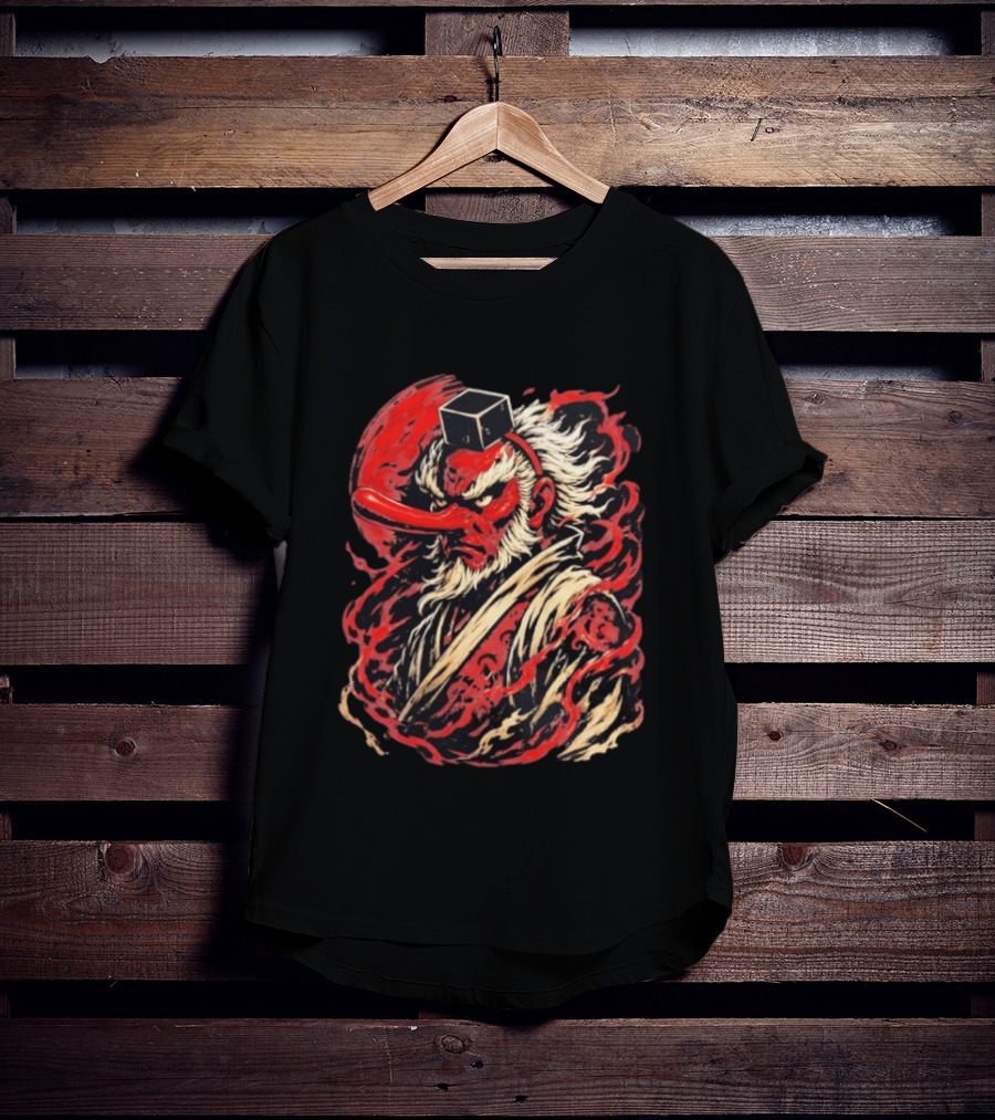 Tengu Japanese Warrior Spirit Mask Mythical Yokai Flame Aura T-Shirt