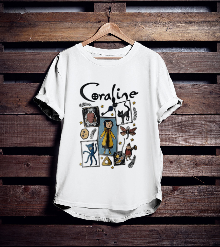 Coraline In Yellow Raincoat With Black Cat And Stars With Button Eyes T-Shirt