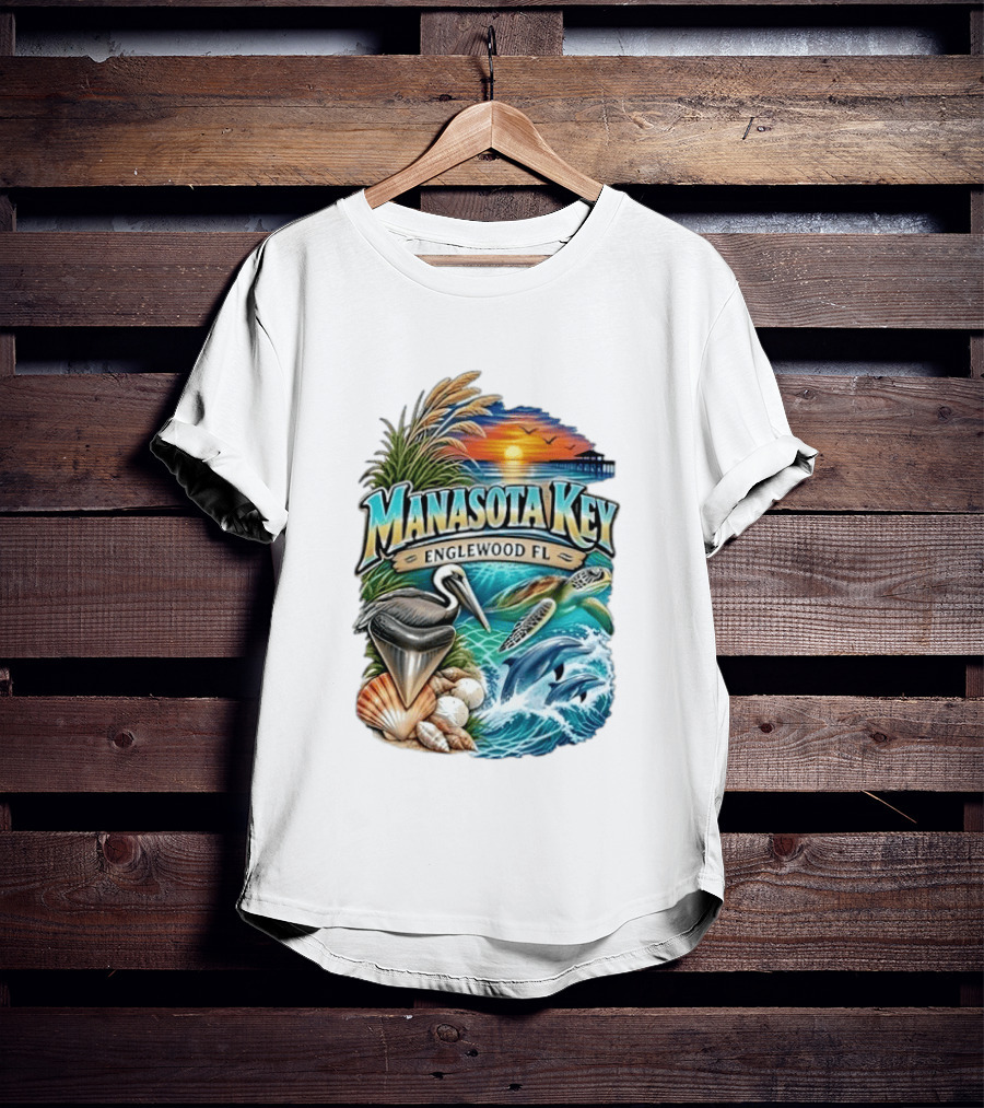 Manasota Key Englewood FL Beach Scene With Pelican Dolphins Shells And Sunset T-Shirt