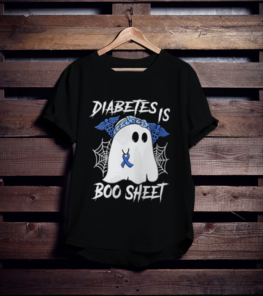 Diabetes IS BOO Sheet Ghost With Blue Ribbon Headband Halloween T-Shirt