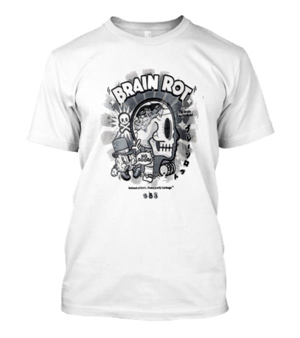 BRAIN ROT Skull Top Hat No Good Text Vintage Cartoon T-Shirt