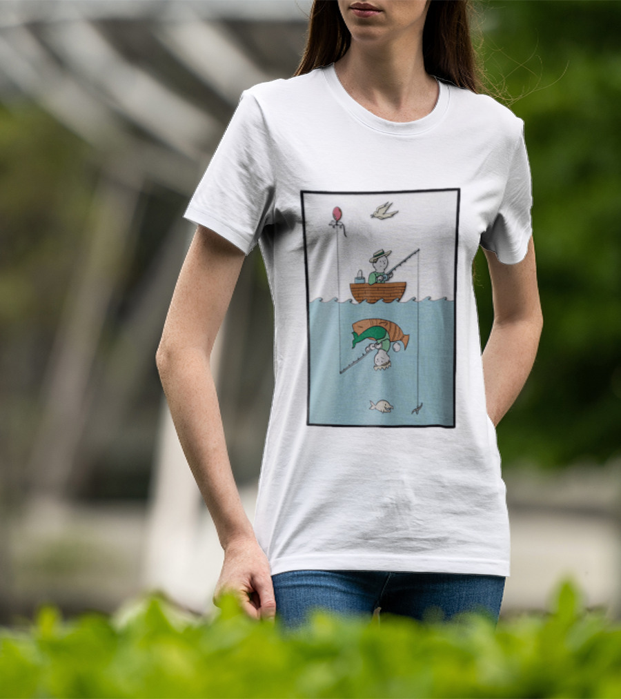 Fisherman In Boat Catching Hidden Mermaid With Fishing Line T-Shirt